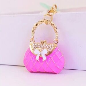Pink Quilted Purse Bag Charm with Bow – Gold Rhinestone Handbag Keychain – NWT